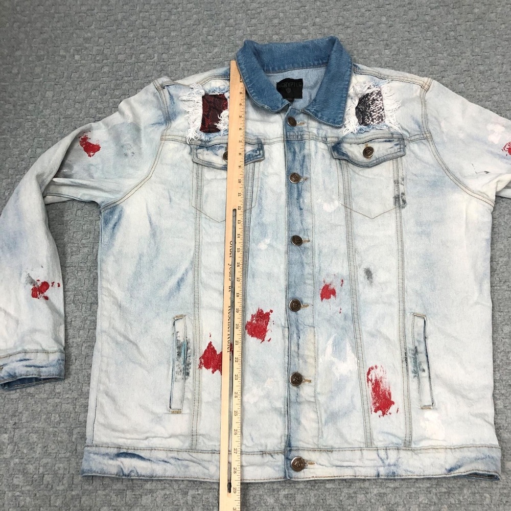 Encrypted Jacket Mens XL Light Wash Denim Distressed Paint Splatter Trucker Norm - Picture 8 of 14